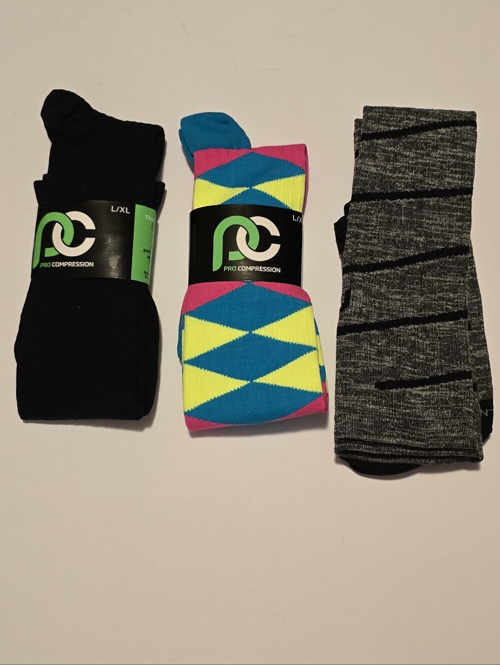 Pro Compression Women’s L/XL Socks 3-Pack - Black, Neon Multi & Gray
